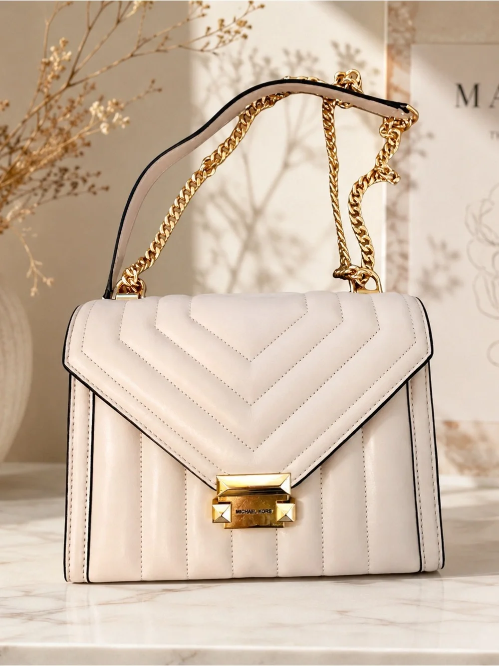Michael Kors White Quilted Shoulder Bag with Gold Chain